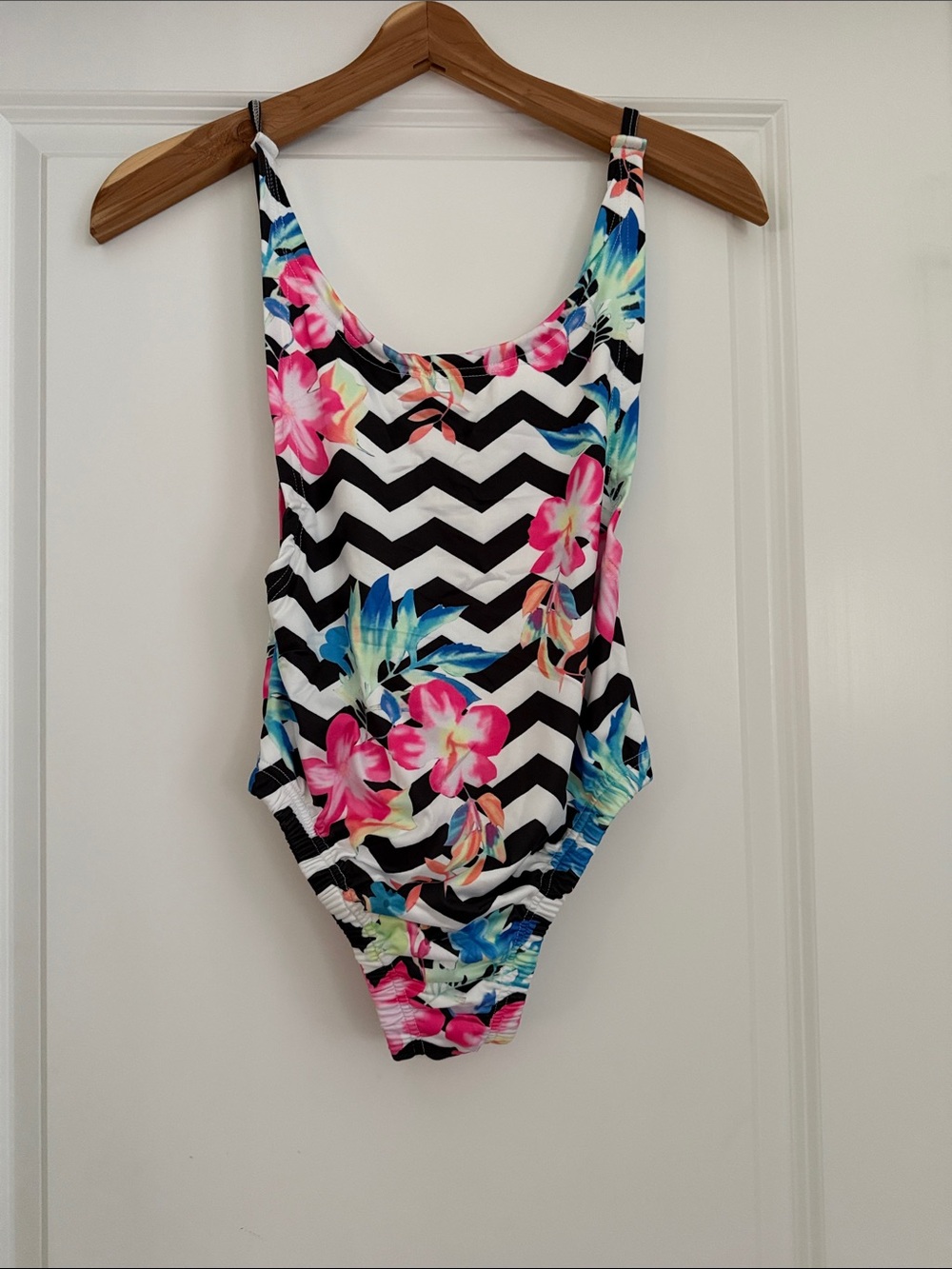 Floral Chevron One-Piece Swimsuit - Black, White & Bright Floral